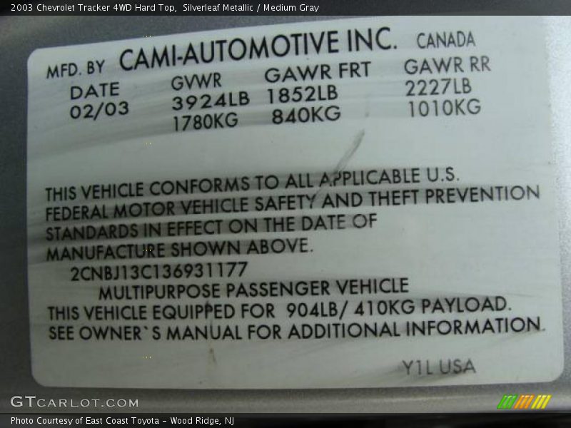 Silverleaf Metallic / Medium Gray 2003 Chevrolet Tracker 4WD Hard Top