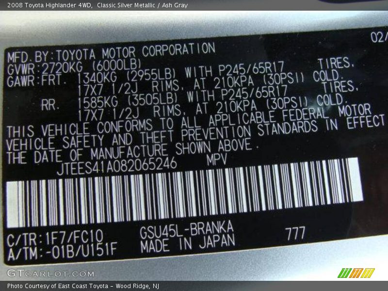 Classic Silver Metallic / Ash Gray 2008 Toyota Highlander 4WD