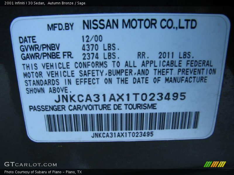 Autumn Bronze / Sage 2001 Infiniti I 30 Sedan