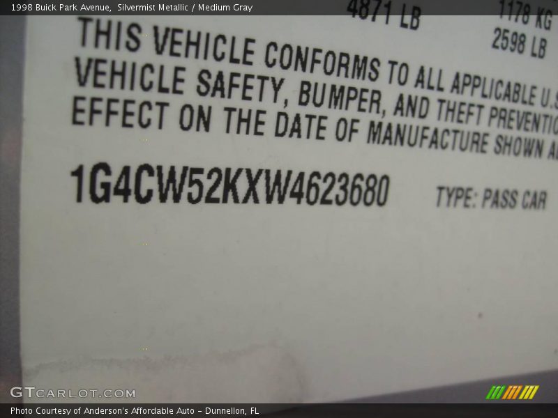 Silvermist Metallic / Medium Gray 1998 Buick Park Avenue