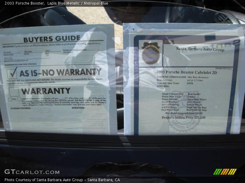 Lapis Blue Metallic / Metropol Blue 2003 Porsche Boxster