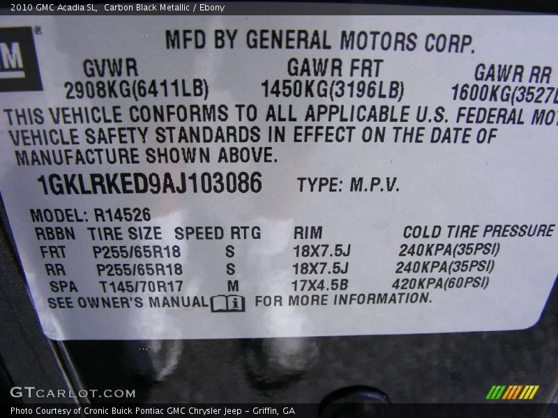 Carbon Black Metallic / Ebony 2010 GMC Acadia SL