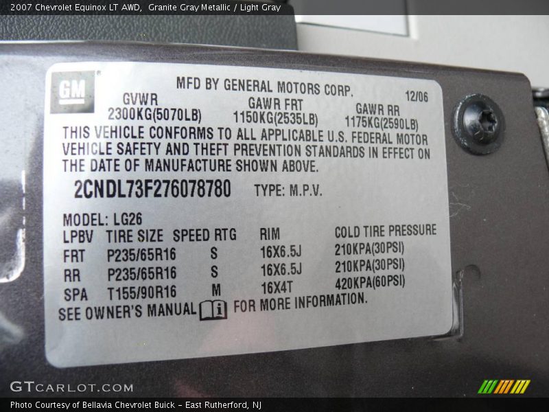 Granite Gray Metallic / Light Gray 2007 Chevrolet Equinox LT AWD