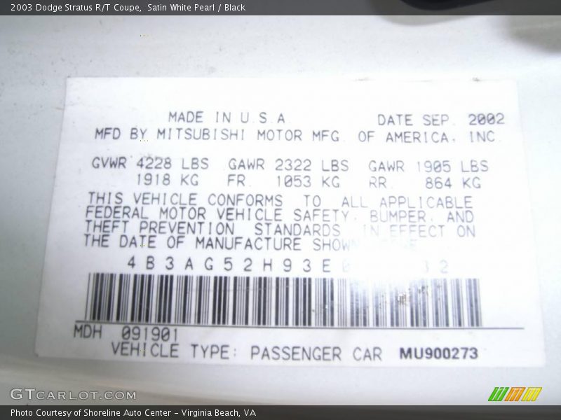 Satin White Pearl / Black 2003 Dodge Stratus R/T Coupe