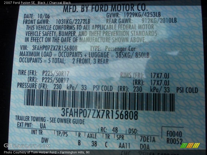 Black / Charcoal Black 2007 Ford Fusion SE