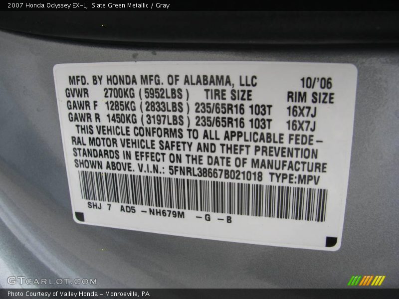 Slate Green Metallic / Gray 2007 Honda Odyssey EX-L