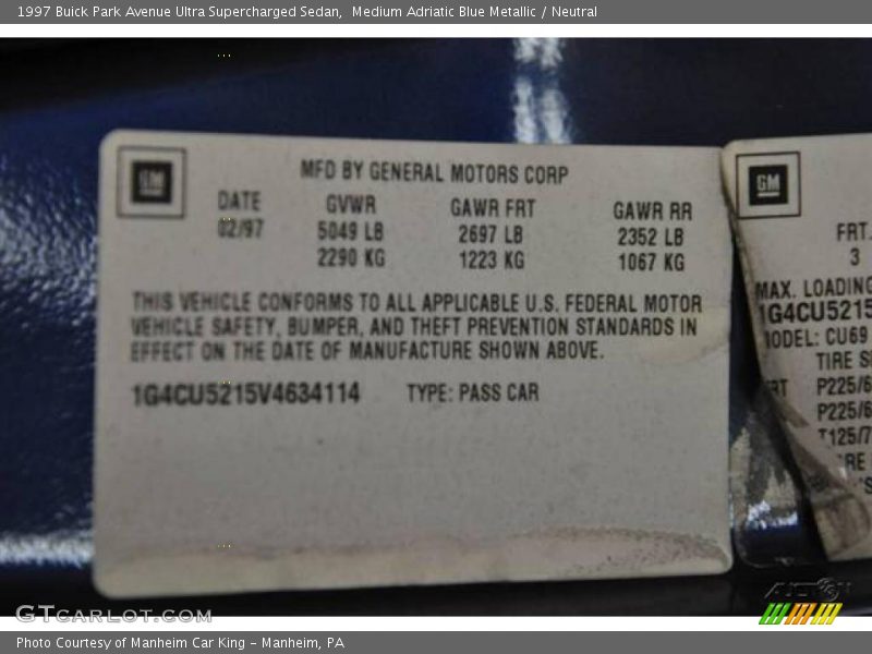 Medium Adriatic Blue Metallic / Neutral 1997 Buick Park Avenue Ultra Supercharged Sedan