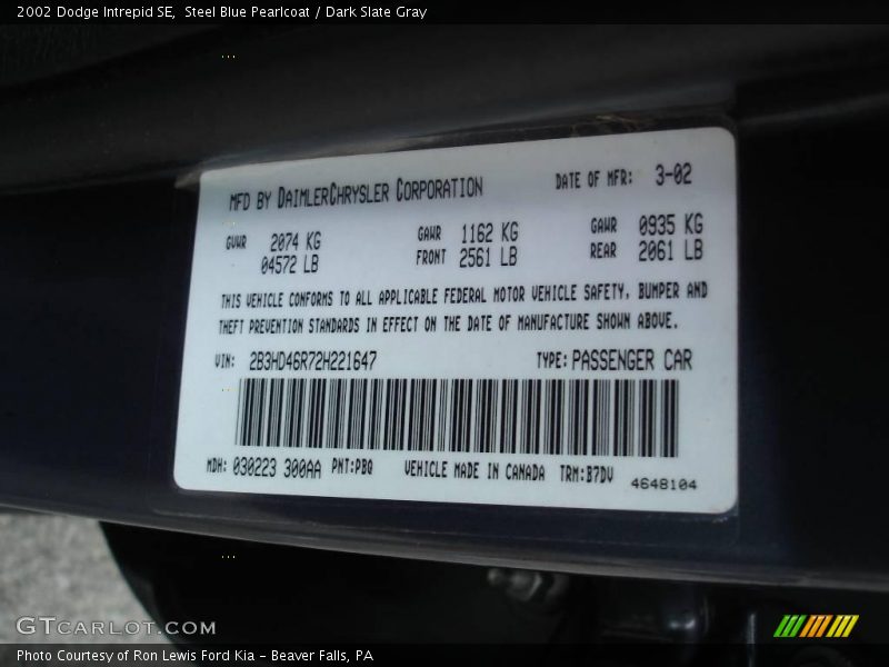 Steel Blue Pearlcoat / Dark Slate Gray 2002 Dodge Intrepid SE