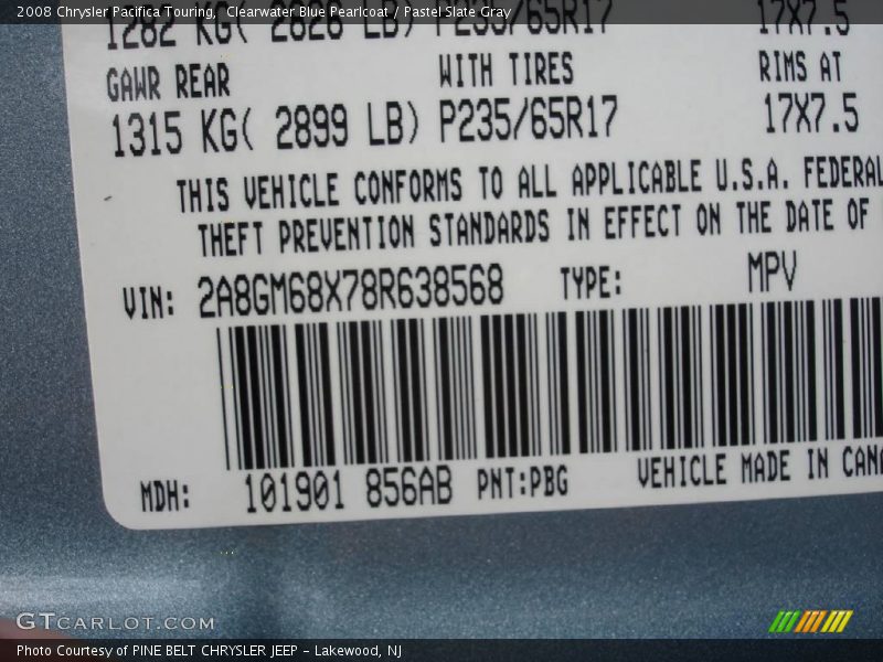 Clearwater Blue Pearlcoat / Pastel Slate Gray 2008 Chrysler Pacifica Touring