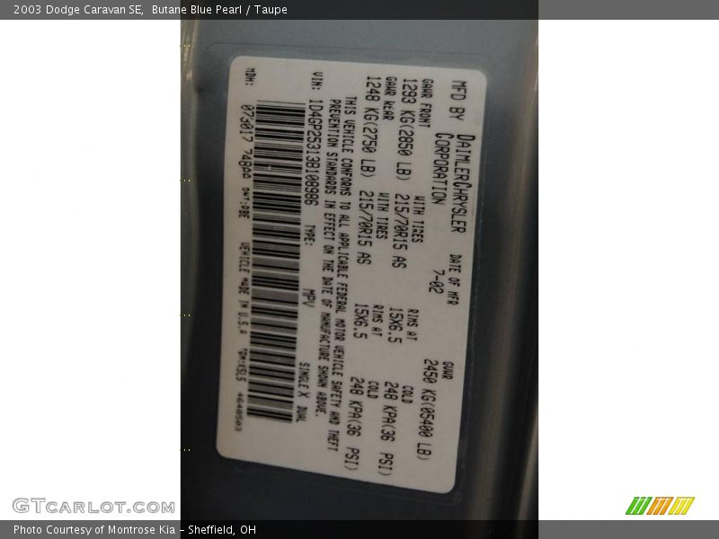 Butane Blue Pearl / Taupe 2003 Dodge Caravan SE