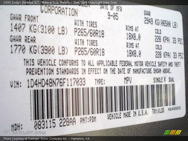Mineral Gray Metallic / Dark Slate Gray/Light Slate Gray 2006 Dodge Durango SLT