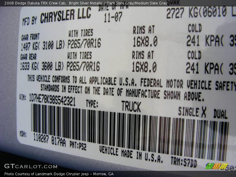 Bright Silver Metallic / Dark Slate Gray/Medium Slate Gray 2008 Dodge Dakota TRX Crew Cab