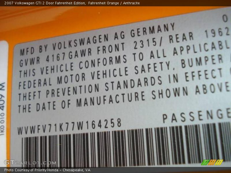 Fahrenheit Orange / Anthracite 2007 Volkswagen GTI 2 Door Fahrenheit Edition