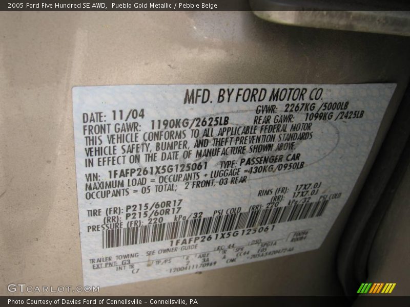 Pueblo Gold Metallic / Pebble Beige 2005 Ford Five Hundred SE AWD