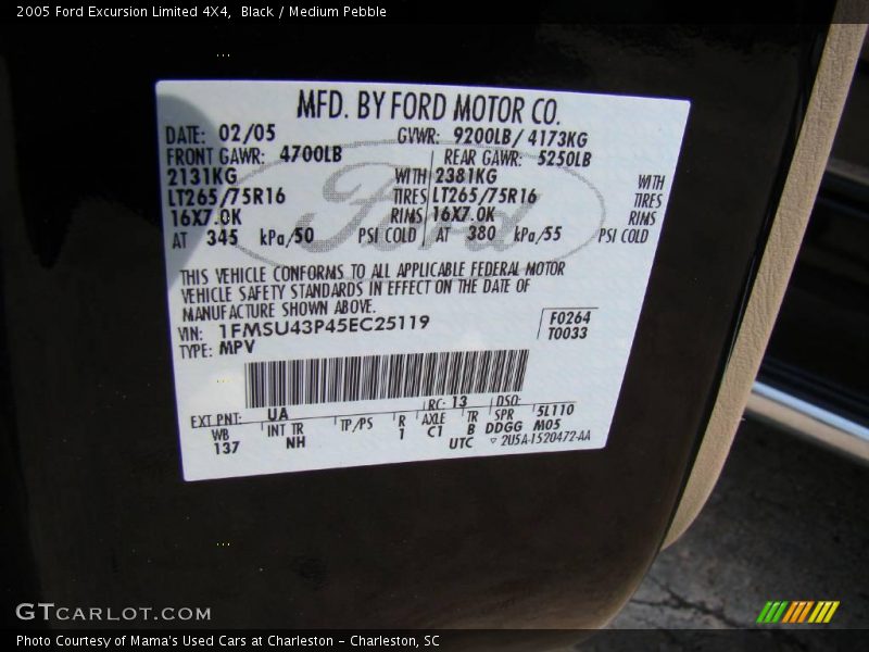 Black / Medium Pebble 2005 Ford Excursion Limited 4X4
