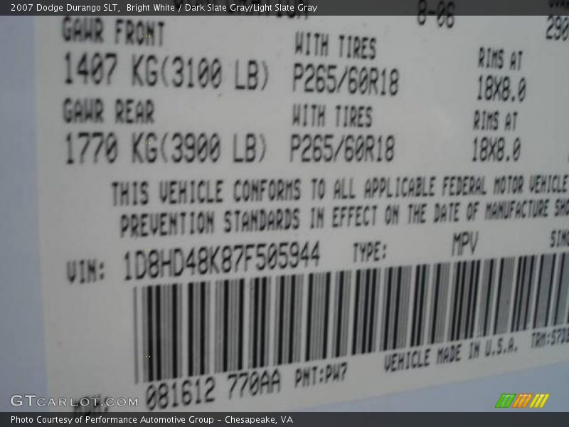 Bright White / Dark Slate Gray/Light Slate Gray 2007 Dodge Durango SLT