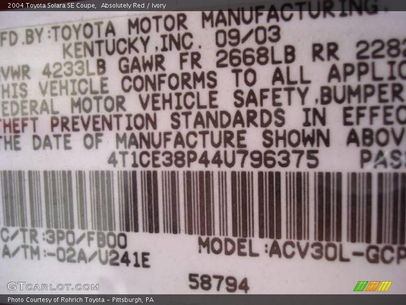 Absolutely Red / Ivory 2004 Toyota Solara SE Coupe