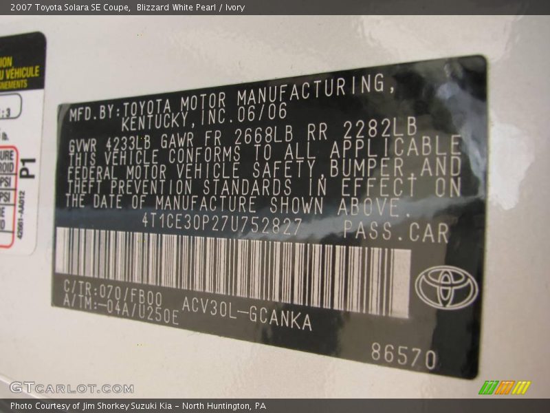 Blizzard White Pearl / Ivory 2007 Toyota Solara SE Coupe