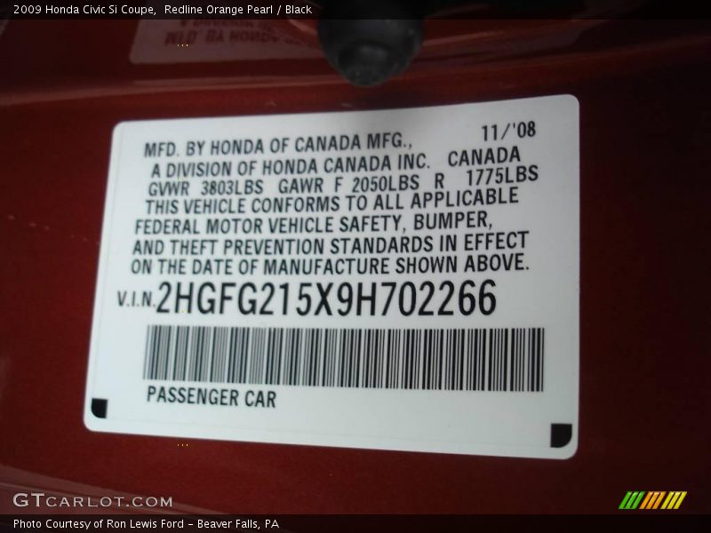 Redline Orange Pearl / Black 2009 Honda Civic Si Coupe