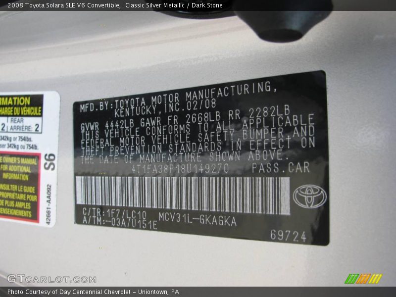 Classic Silver Metallic / Dark Stone 2008 Toyota Solara SLE V6 Convertible