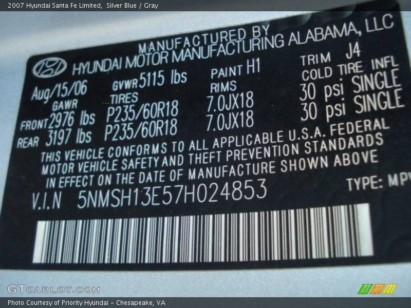 Silver Blue / Gray 2007 Hyundai Santa Fe Limited