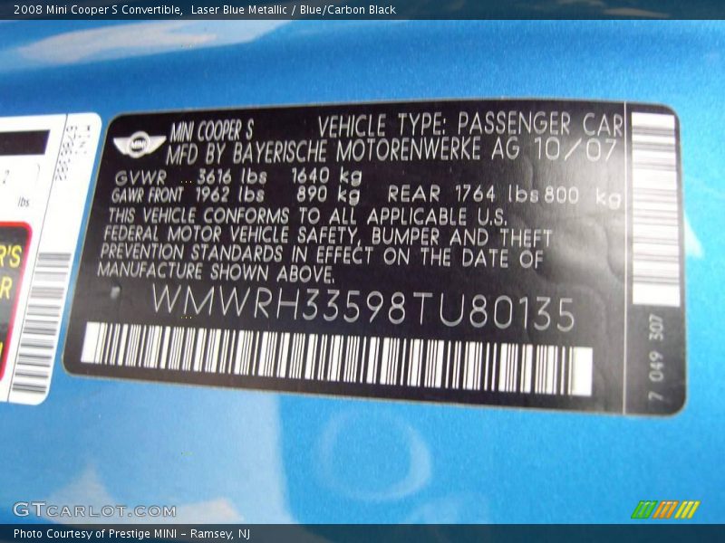 Laser Blue Metallic / Blue/Carbon Black 2008 Mini Cooper S Convertible