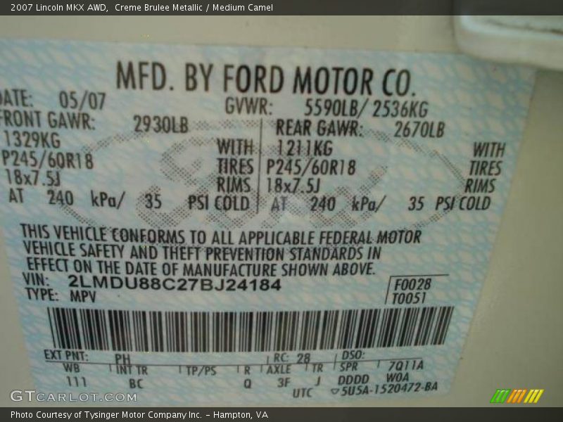2007 MKX AWD Creme Brulee Metallic Color Code PH