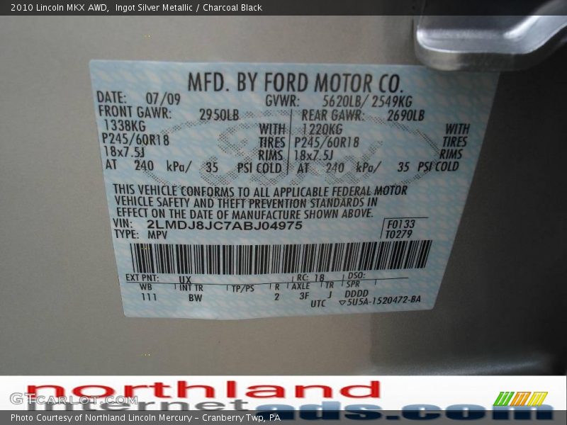 Ingot Silver Metallic / Charcoal Black 2010 Lincoln MKX AWD