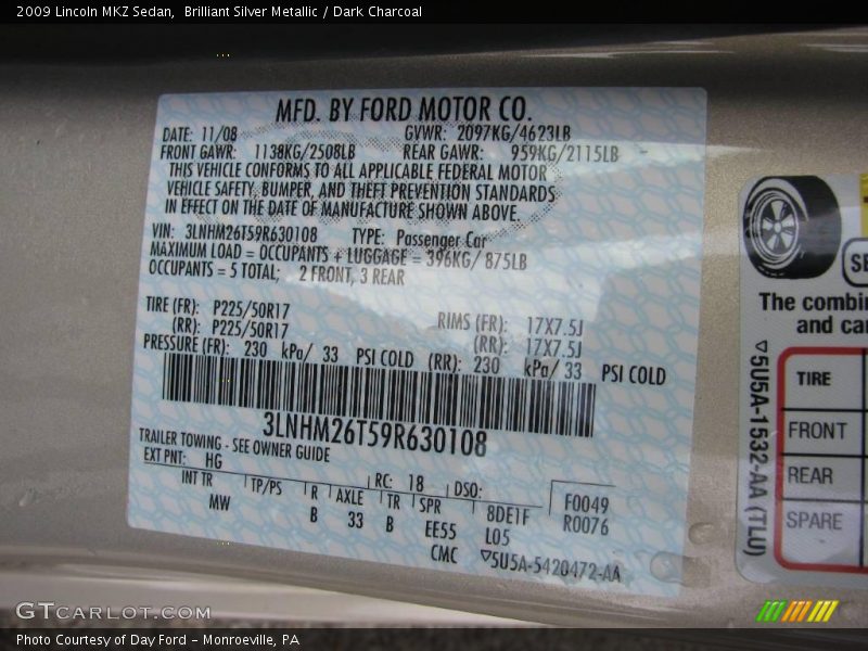 Brilliant Silver Metallic / Dark Charcoal 2009 Lincoln MKZ Sedan