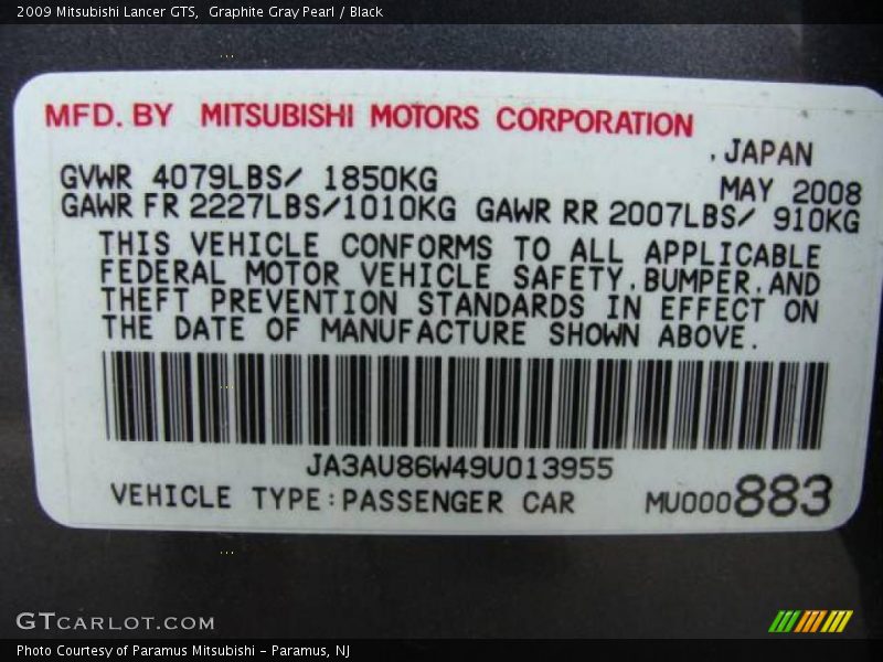 Graphite Gray Pearl / Black 2009 Mitsubishi Lancer GTS