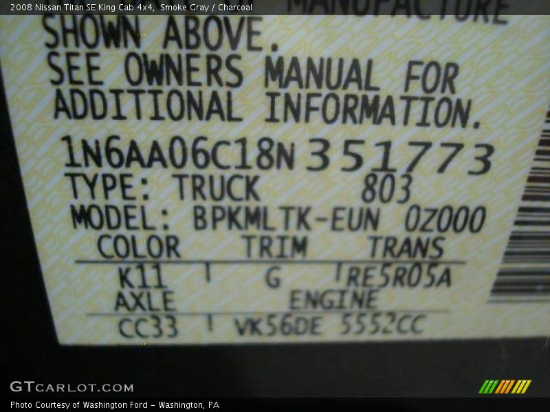 Smoke Gray / Charcoal 2008 Nissan Titan SE King Cab 4x4