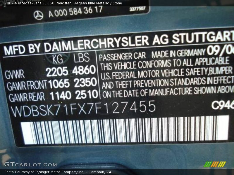 Aegean Blue Metallic / Stone 2007 Mercedes-Benz SL 550 Roadster