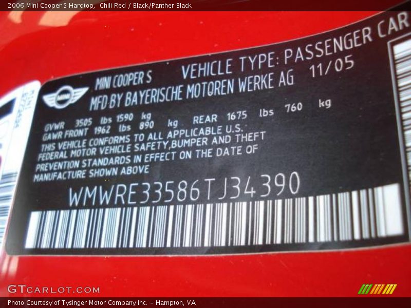 Chili Red / Black/Panther Black 2006 Mini Cooper S Hardtop