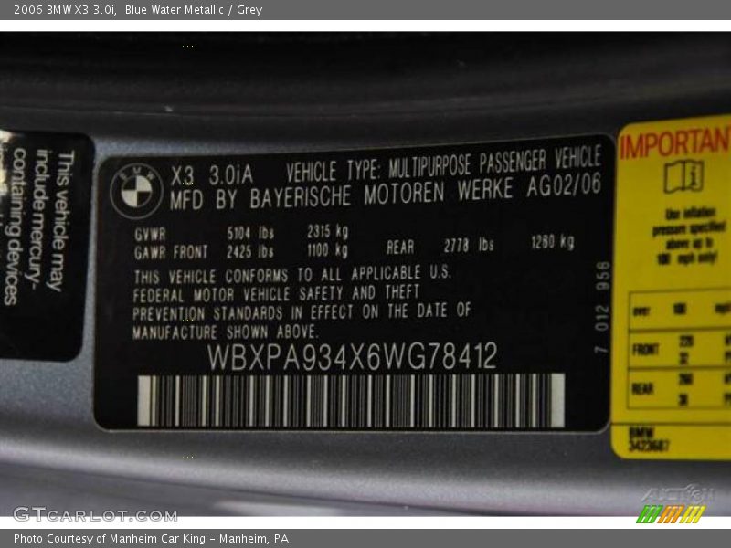 Blue Water Metallic / Grey 2006 BMW X3 3.0i