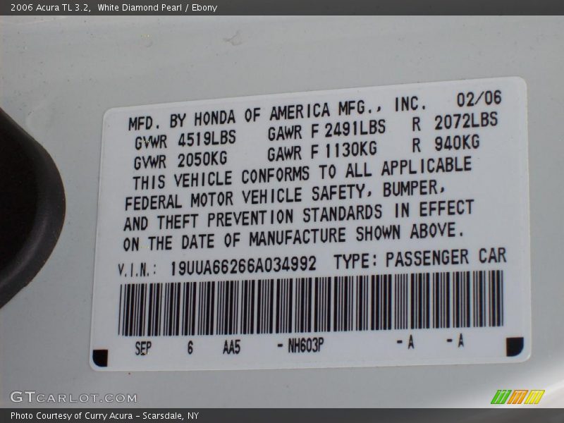 White Diamond Pearl / Ebony 2006 Acura TL 3.2