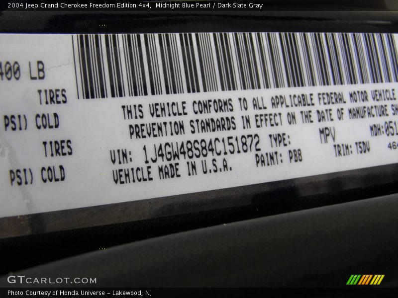 2004 Grand Cherokee Freedom Edition 4x4 Midnight Blue Pearl Color Code PB8