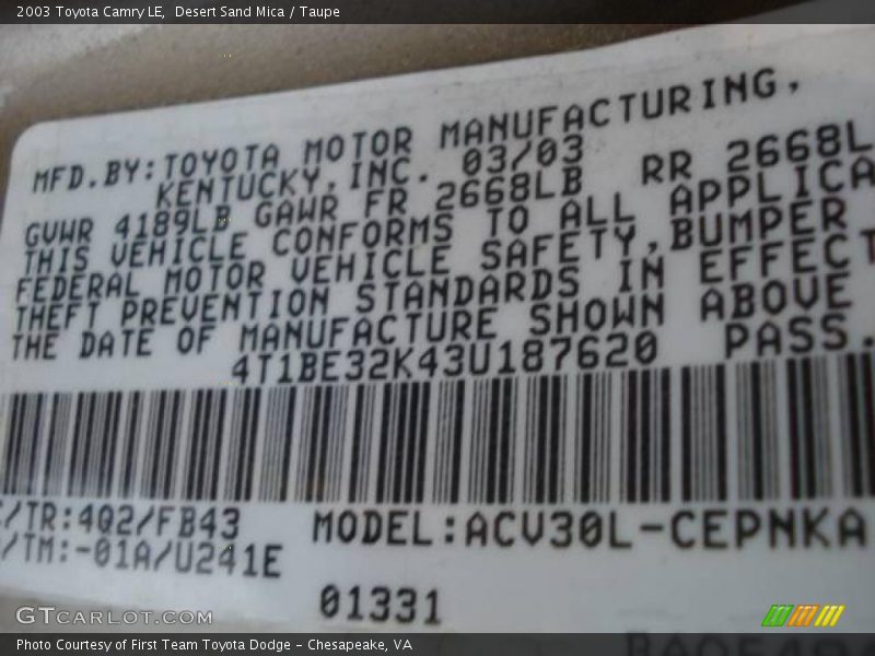 Desert Sand Mica / Taupe 2003 Toyota Camry LE