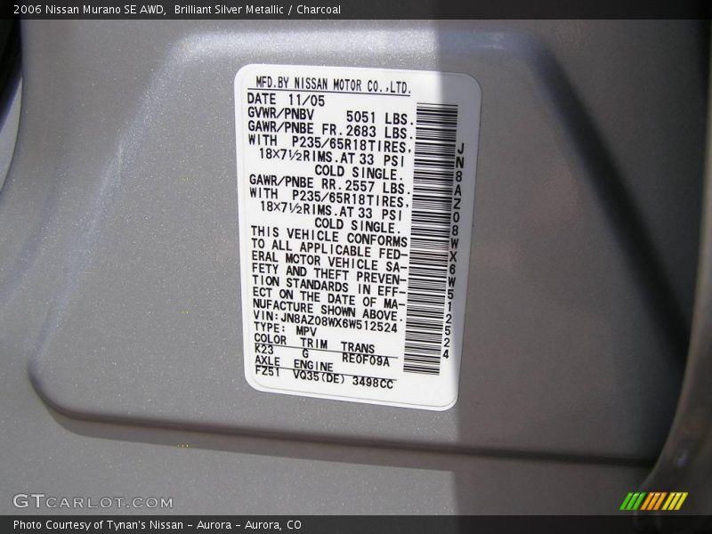 Brilliant Silver Metallic / Charcoal 2006 Nissan Murano SE AWD