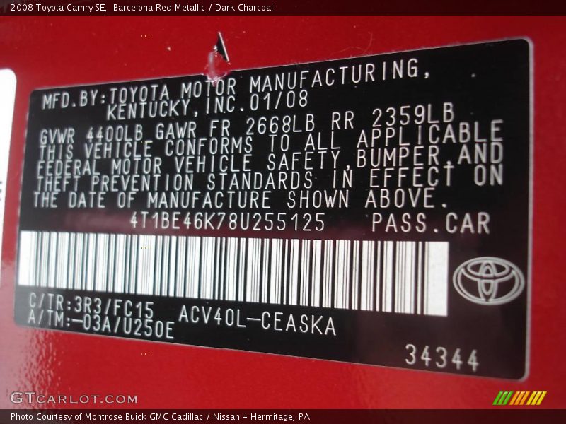 Barcelona Red Metallic / Dark Charcoal 2008 Toyota Camry SE