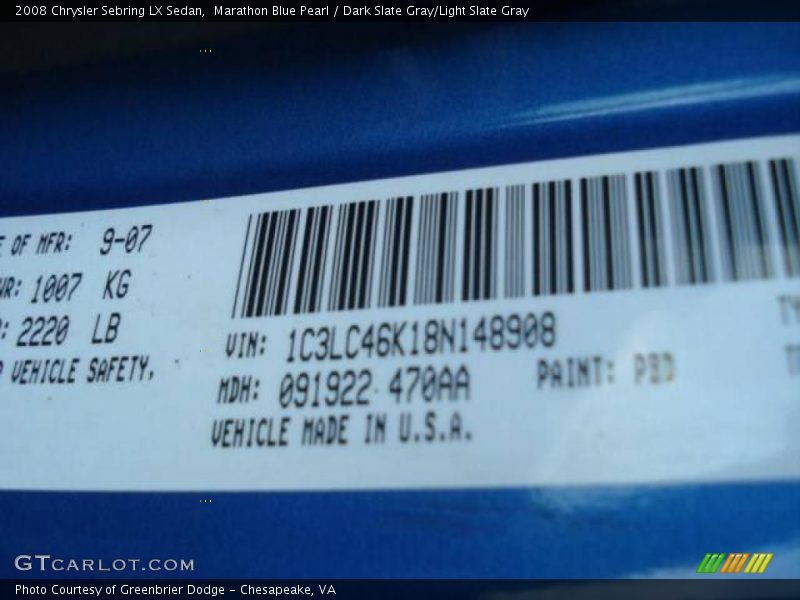 Marathon Blue Pearl / Dark Slate Gray/Light Slate Gray 2008 Chrysler Sebring LX Sedan