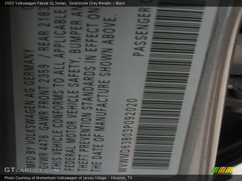 Silverstone Grey Metallic / Black 2003 Volkswagen Passat GL Sedan
