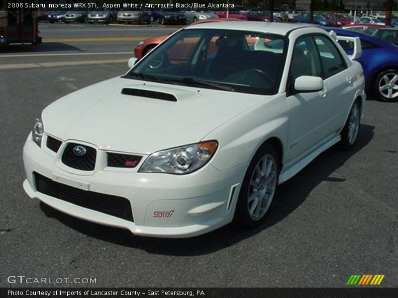 Aspen White / Anthracite Black/Blue Alcantara 2006 Subaru Impreza WRX STi