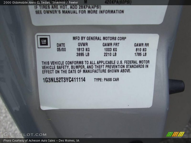 Silvermist / Pewter 2000 Oldsmobile Alero GL Sedan