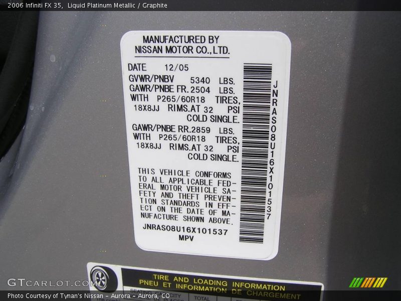 Liquid Platinum Metallic / Graphite 2006 Infiniti FX 35
