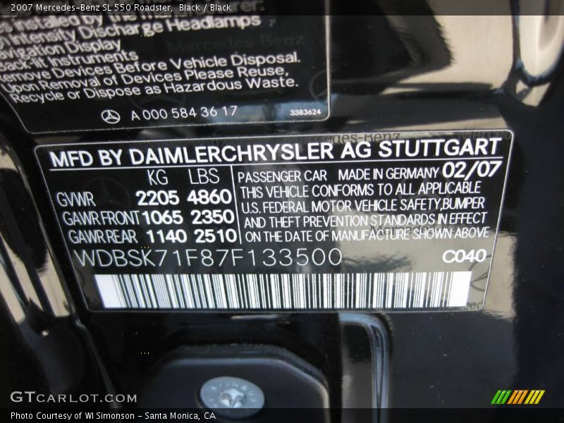 Black / Black 2007 Mercedes-Benz SL 550 Roadster