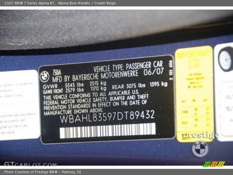 Alpina Blue Metallic / Cream Beige 2007 BMW 7 Series Alpina B7