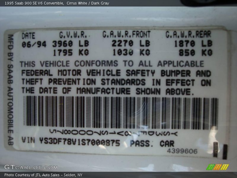 Cirrus White / Dark Gray 1995 Saab 900 SE V6 Convertible