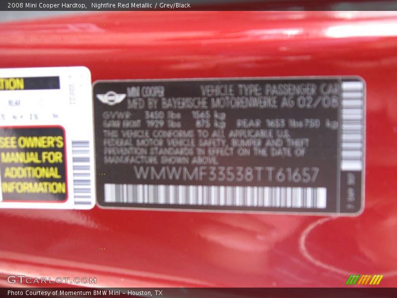 Nightfire Red Metallic / Grey/Black 2008 Mini Cooper Hardtop