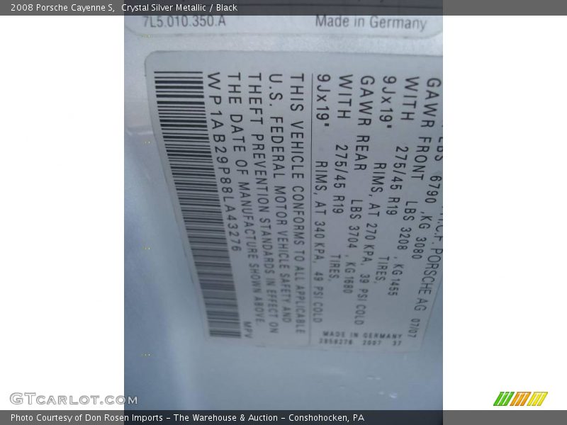 Crystal Silver Metallic / Black 2008 Porsche Cayenne S
