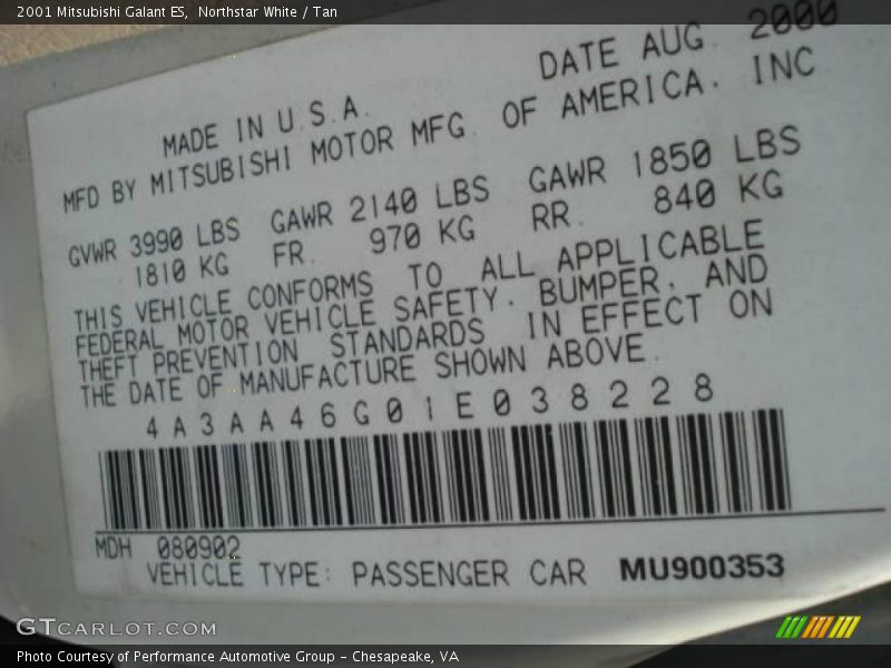 Northstar White / Tan 2001 Mitsubishi Galant ES